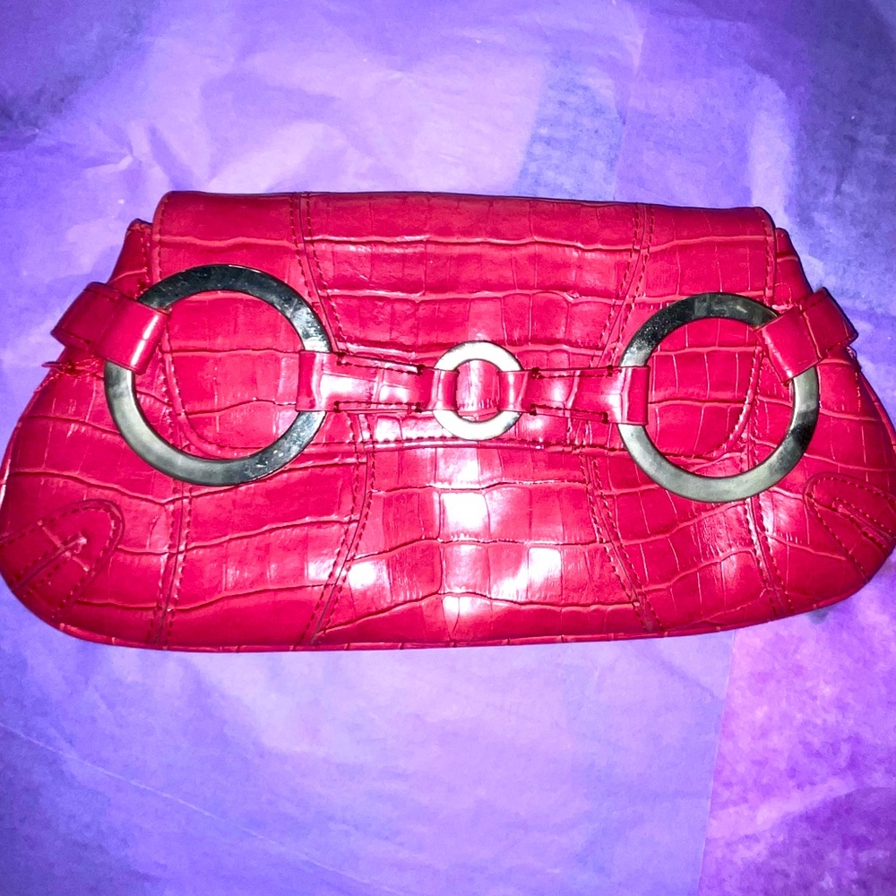 Vintage New York & Co Pink Alligator Stamped Clutch Metal Chain Handle & Detail